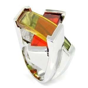  Futuristic Tower Ring with Olive Green, Orange & Gold CZs 