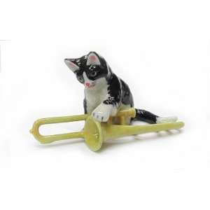 Black and White CAT examines TROMBONE MINIATURE New Porcelain NORTHERN 