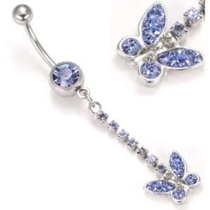 14g   12g  10g Single Gem Navel with Dangle Charmed Butterfly Piercing 