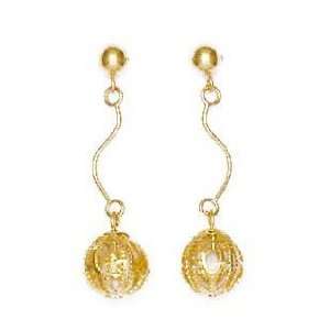  14k Yellow Wire Ball Drop Friction Back Post Earrings 