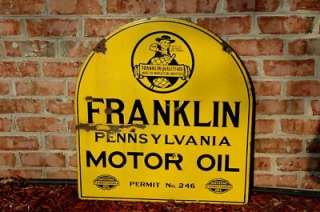 VINTAGE 20s FRANKLIN MOTOR OIL COMPANY 2 SIDED PORCELAIN SIGN W/ BEN 