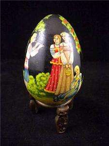 RUSSIAN LACQUER Scene CHIME ROLY POLY EGG w/ Metal Owl Stand ~ Artist 