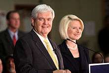 Gingrich alongside wife Callista at a townhall in Derry, New 