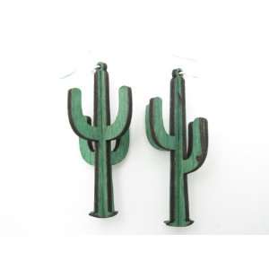  Kelly Green 3D Cactus Wooden Earrings GTJ Jewelry