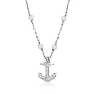 3mm Pearl Anchor Necklace With Diamond Accents In Sterling Silver