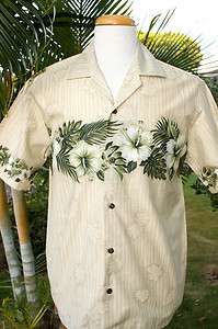 Beige Hibiscus Band Bamboo Background Hawaiian Men Aloha Shirt ~ MADE 