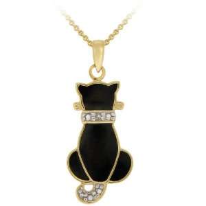 18k Yellow Gold Plated Sterling Silver Diamond Accent Black Enamel Cat 