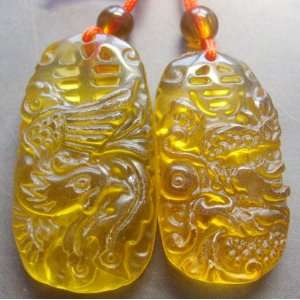  Yellow Crystal Quartz Dragon Phoenix Love Pair Amulet 