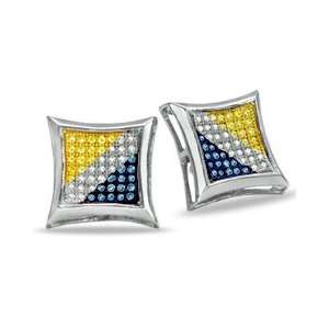 Enhanced Blue, Yellow and White Diamond Curved Pyramid Earrings in 