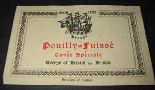 Old French WINE LABEL Pouilly Fuisse Averys of Bristol  