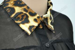 Ladies Long Sleeve Leopard Chiffon Shirts Women Button Down Pleated 