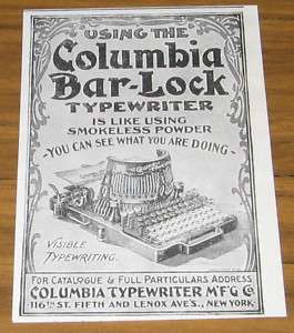 1899 AD~COLUMBIA BAR LOCK TYPEWRITER~NEW YORK CITY  