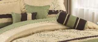 7pcs Taupe Forest Green Embroidery Tree Leaf Comforter Set Bed in a 