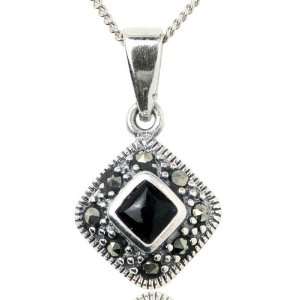   Silver and Square Cut Black Onyx and Marcasite Square Pendant Jewelry