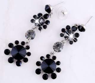 23954 Black Flowers Rhinestone Crystal Bridal Drop Necklace Dangle 