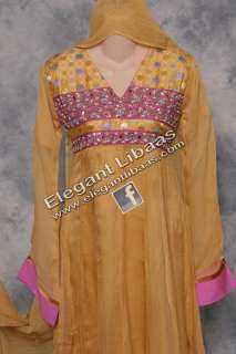 Indian Pakistani Designer Salwar Kameez Anarkali Yellow Pink Jamawar 