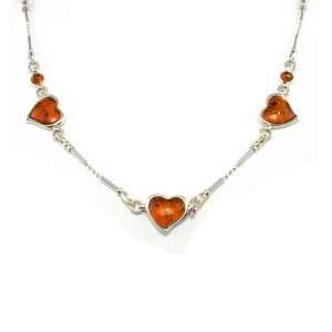 Silver Amber Necklace, Cognac Chain of Amber Hearts 