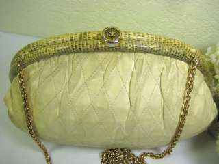 Vintage CHANEL Cream Lambskin Snake Skin Leather Clutch Shoulder Bag 
