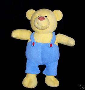 Baby Gund SQUEEZIES YELLOW BEAR Blue Overalls Plush #O2  