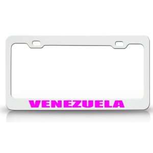 VENEZUELA Country Steel Auto License Plate Frame Tag Holder White/Pink