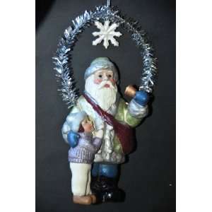   Holiday Ornament Santa Ringing Bell W Child in Frosty Wintery ;Colors