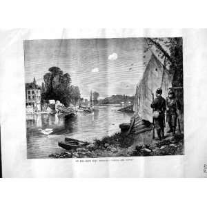  1870 RIVER SEINE BOUGIVAL SOLDIERS SWAN BOATS BRIDGE