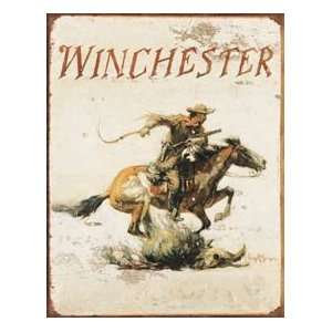 Winchester Logo Cowboy with Gun on Horse Distressed Retro Vintage Tin 