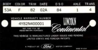 VIN plate for 1964 Lincoln Continental Sedan shown above