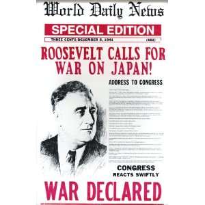 Roosevelt Declares War on Japan 1941 Newspaper 14 x 22 Vintage Style 