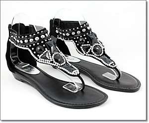 Womens BAMBOO Embellished Thong Flat Sandal Black  