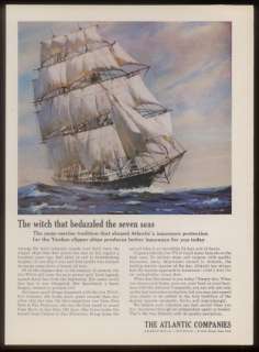 1966 Sea Witch clipper ship art Atlantic insurance ad  