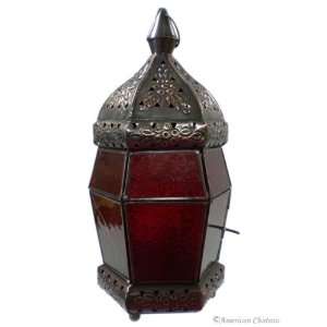   Red Glass & Bronze Moroccan Lantern / Candle Lamp