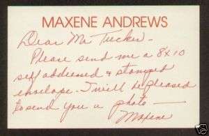 Maxene Andrews signed 3.5x5.5 index Singer Sisters  