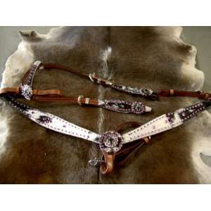   WESTERN LEATHER HEADSTALL SET ZEBRA HAIRON WITH PINK BLING Everything