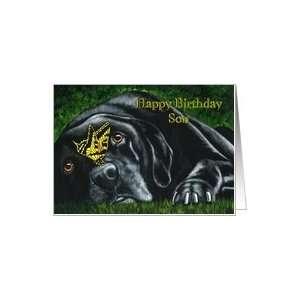  Birthday Son   Black Labrador Retriever Dog Butterfly Card 