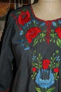 Vintage 60s 70s Womens Navy Blue Colorful Embroidered Mexican Tunic 