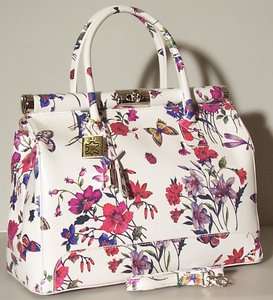   Italian Leather Hand bag Purse Tote White Floral Satchel A4  