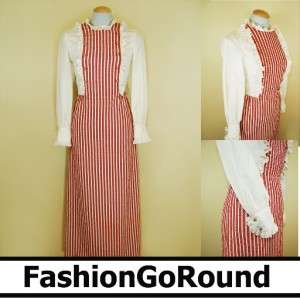 Vintage Red White Stripe Eyelet Ruffles Long Maxi Mod Dress Military 