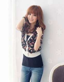 New Casual Flower Print Ladys Chiffon Outerwears Tops Black White 