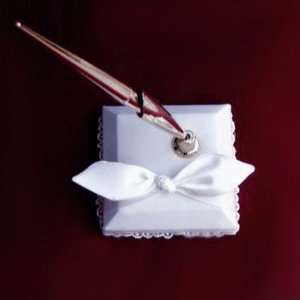  White Satin Bow Reception Pen Set Penstand for Wedding 