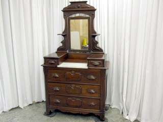 1800s Victorian Renaissance Walnut Marble Top Dresser  