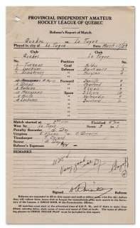 1929 QHL Hockey Referee Report Signed by Walter Smaill  