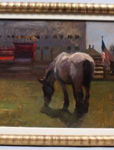 ANTIQUE AMERICAN FLAG HORSE BARN IMPRESSIONIST HAMPTONS STABLE OIL 