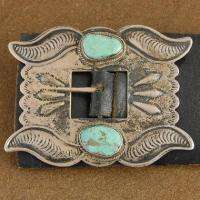Vintage 1960s Old Pawn Sterling Silver Turquoise Concho Leather Belt 