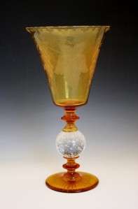   PAIRPOINT LARGE AMBER GLASS CONTROLLED BUBBLE & ACID ETCHED VASE NoR