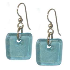  Recycled Glass Earrings   Aqua Blue Squares   Sterling 