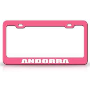 ANDORRA Country Steel Auto License Plate Frame Tag Holder, Pink/White