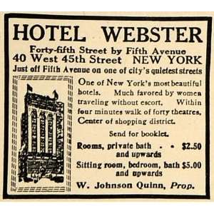  1917 Ad Hotel Webster W. Johnson Quinn Room Rates NY 