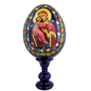 Virgin of Vladimir Decoupage Wood Icon Egg (Blue), Orthodox Authentic 