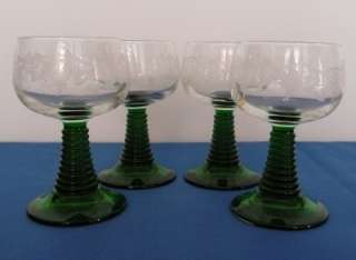 RETRO GREEN STEMMED WINE GLASSES MARKED FRANCE, SET OF 4  